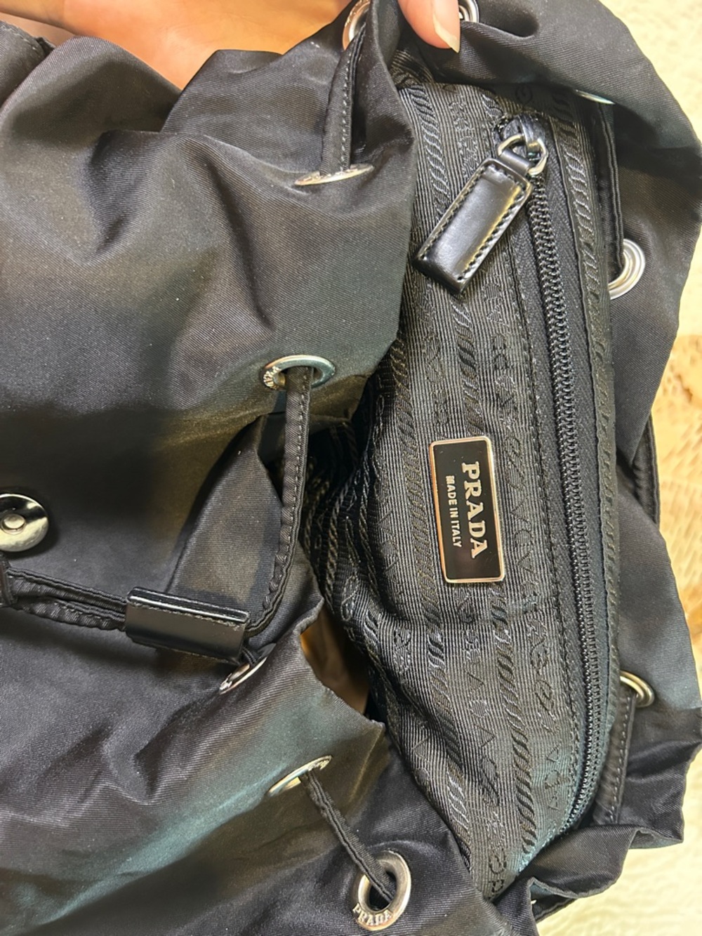 Prada Black Nylon Drawstring Backpack with Front Buckle Pockets - Picture 7 of 9